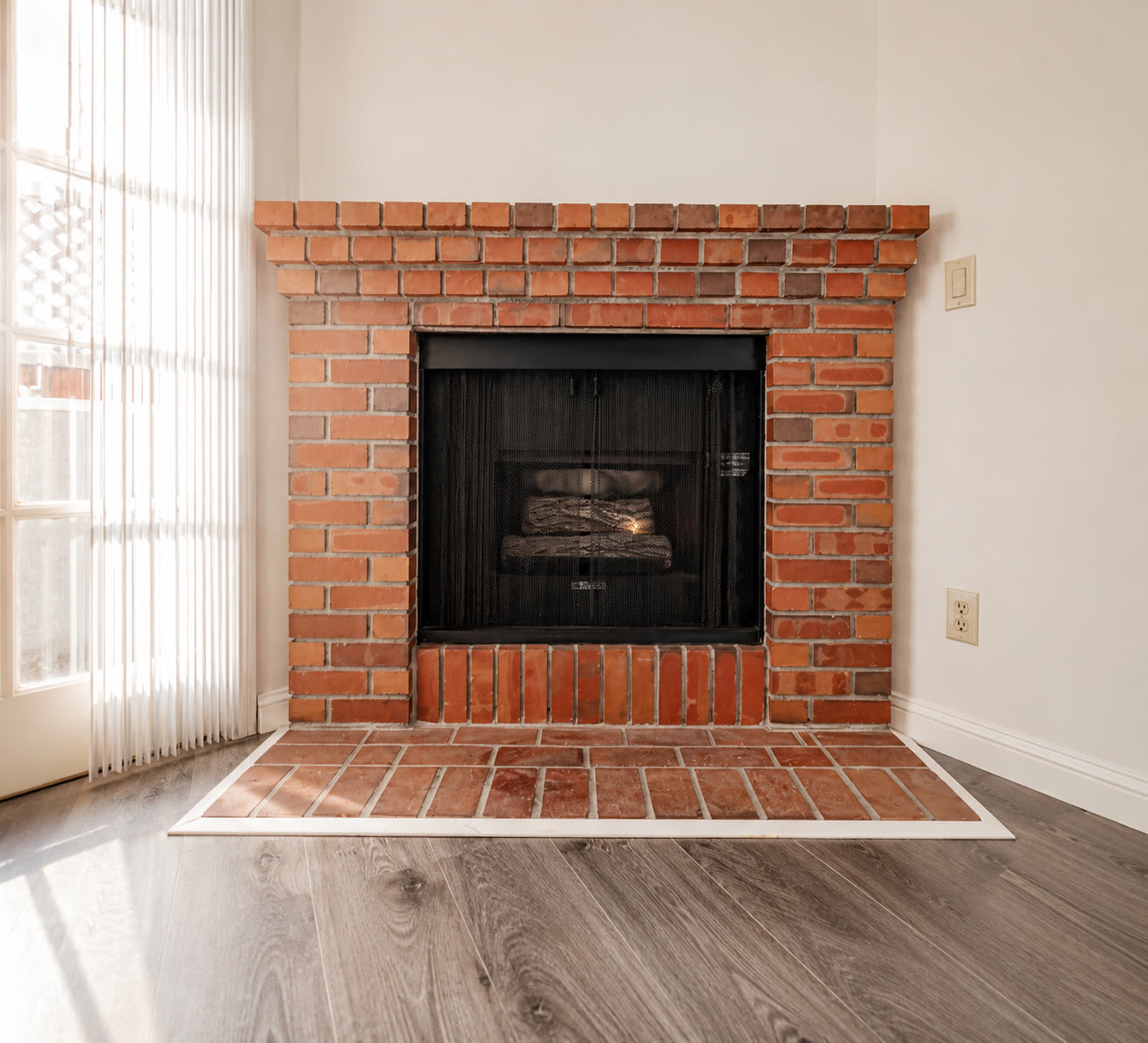 Brick fireplace with raised hearth